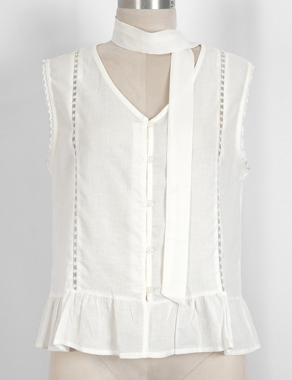 Ladies Scarf Neck Ruffle Hem Button Sleeveless Top