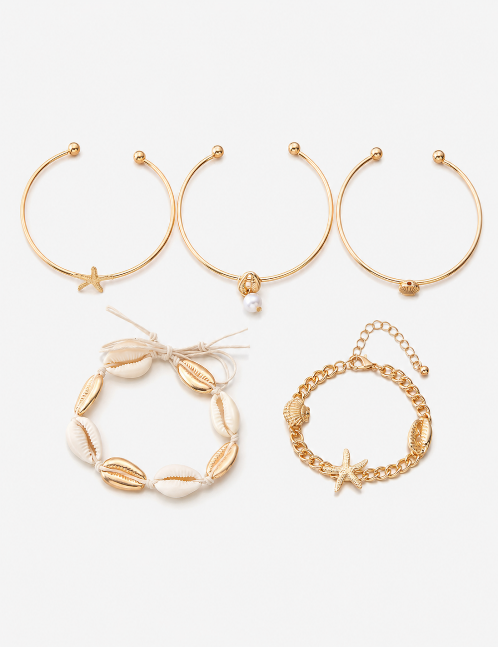 Ladies Zinc Alloy Starfish & Shell Stackable Bracelet Set