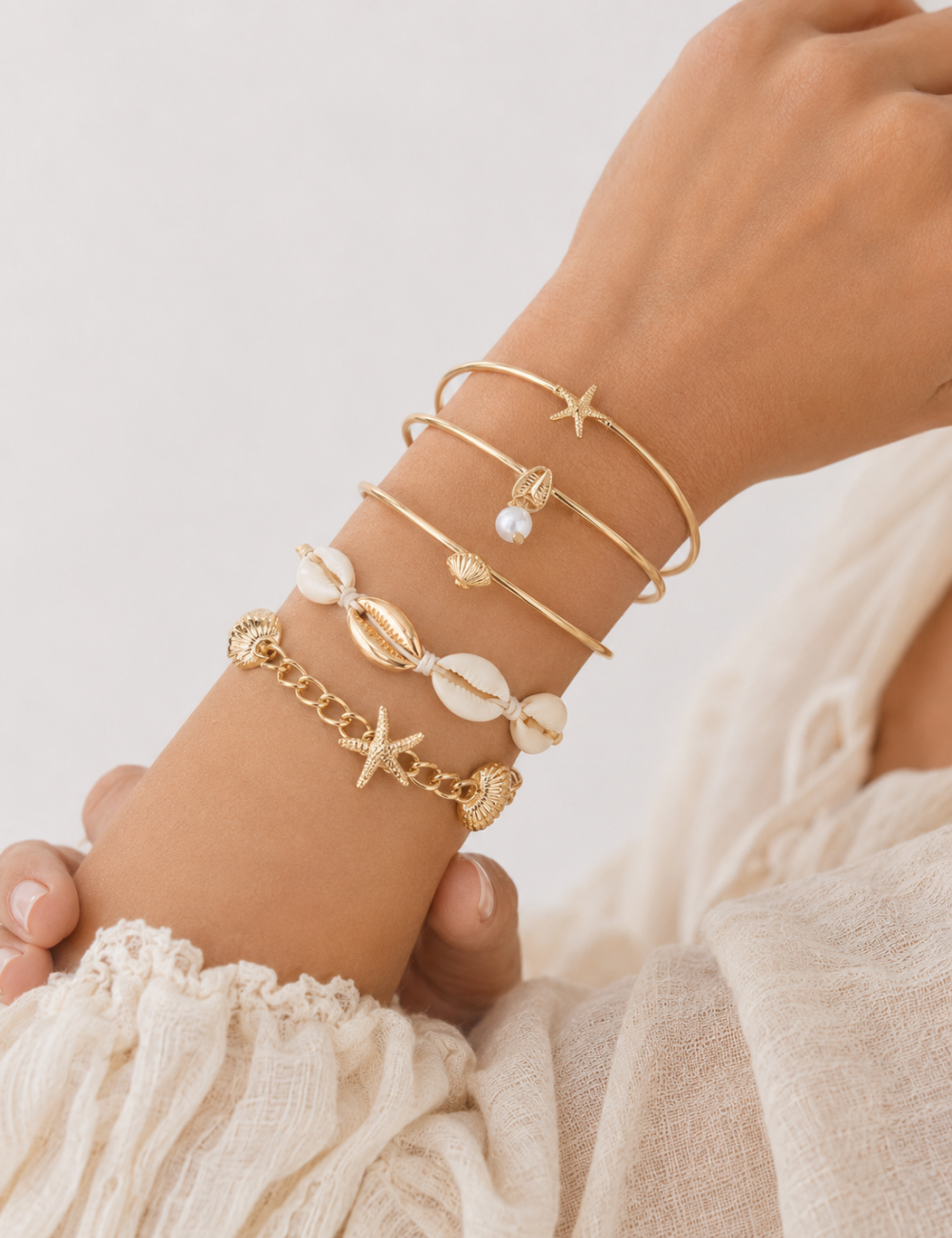 Ladies Zinc Alloy Starfish & Shell Stackable Bracelet Set