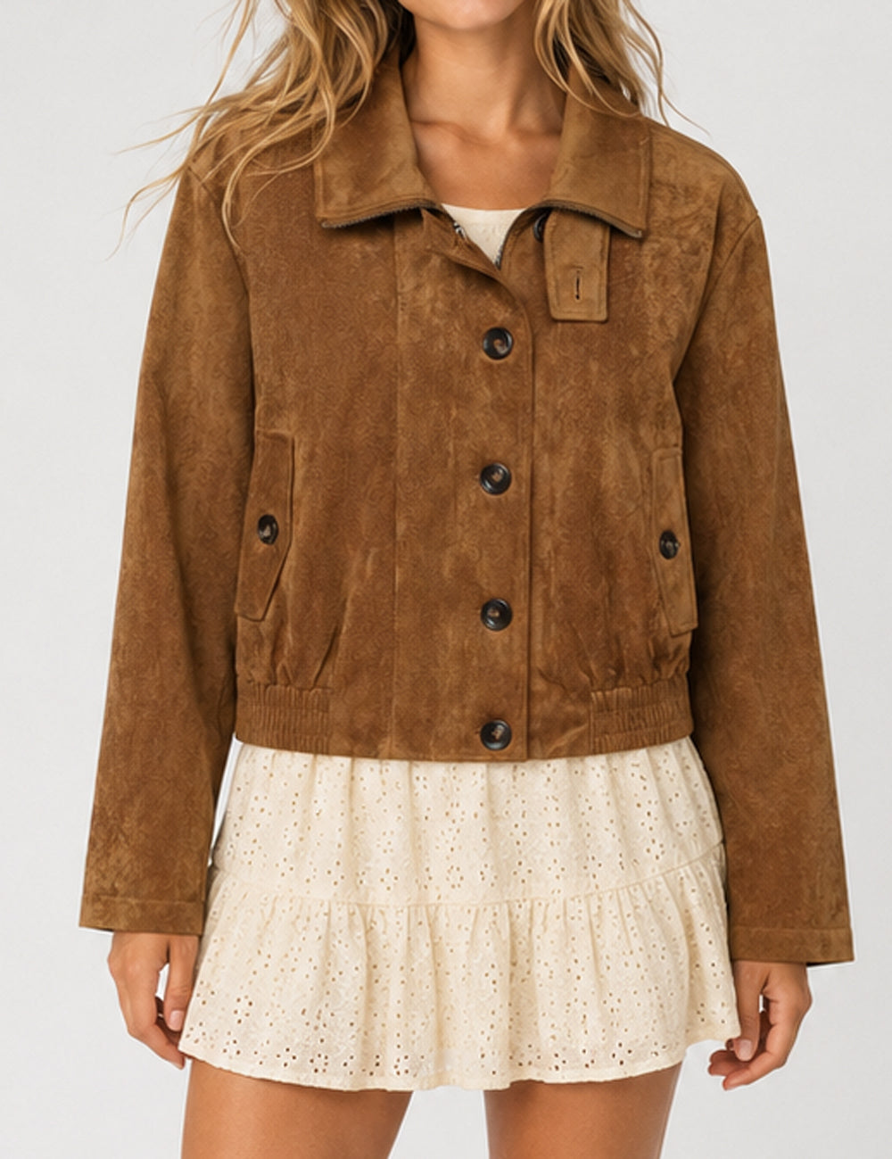 Ladies Casual Faux Suede Lapel Collar Button Crop Jacket