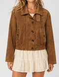 Ladies Casual Faux Suede Lapel Collar Button Crop Jacket