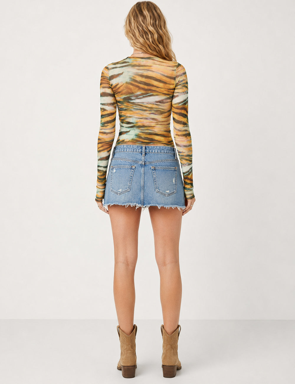 Ladies Casual Tie-Dye Print Sheer Mesh Long Sleeves Top