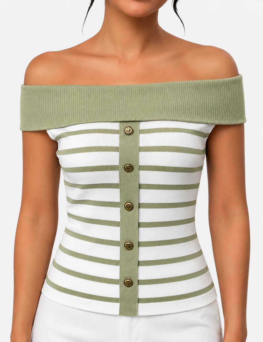 Ladies Off Shoulder Striped Button Detail Knit Top