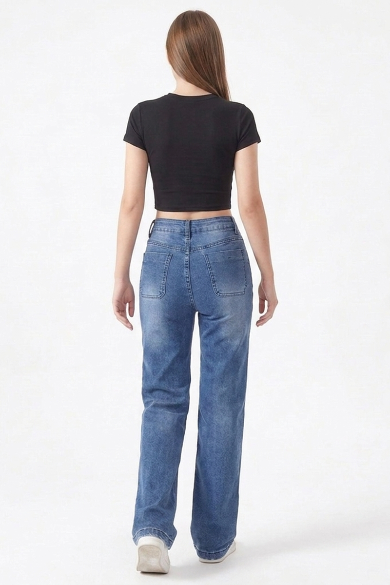 Women's Classic Blue Washed High Waist Straight Leg Jeans