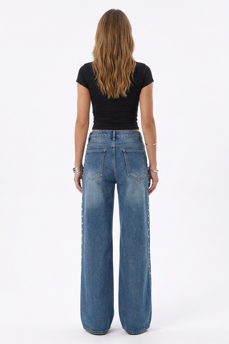 Women's Studded Side High Waist Wide Leg Jeans