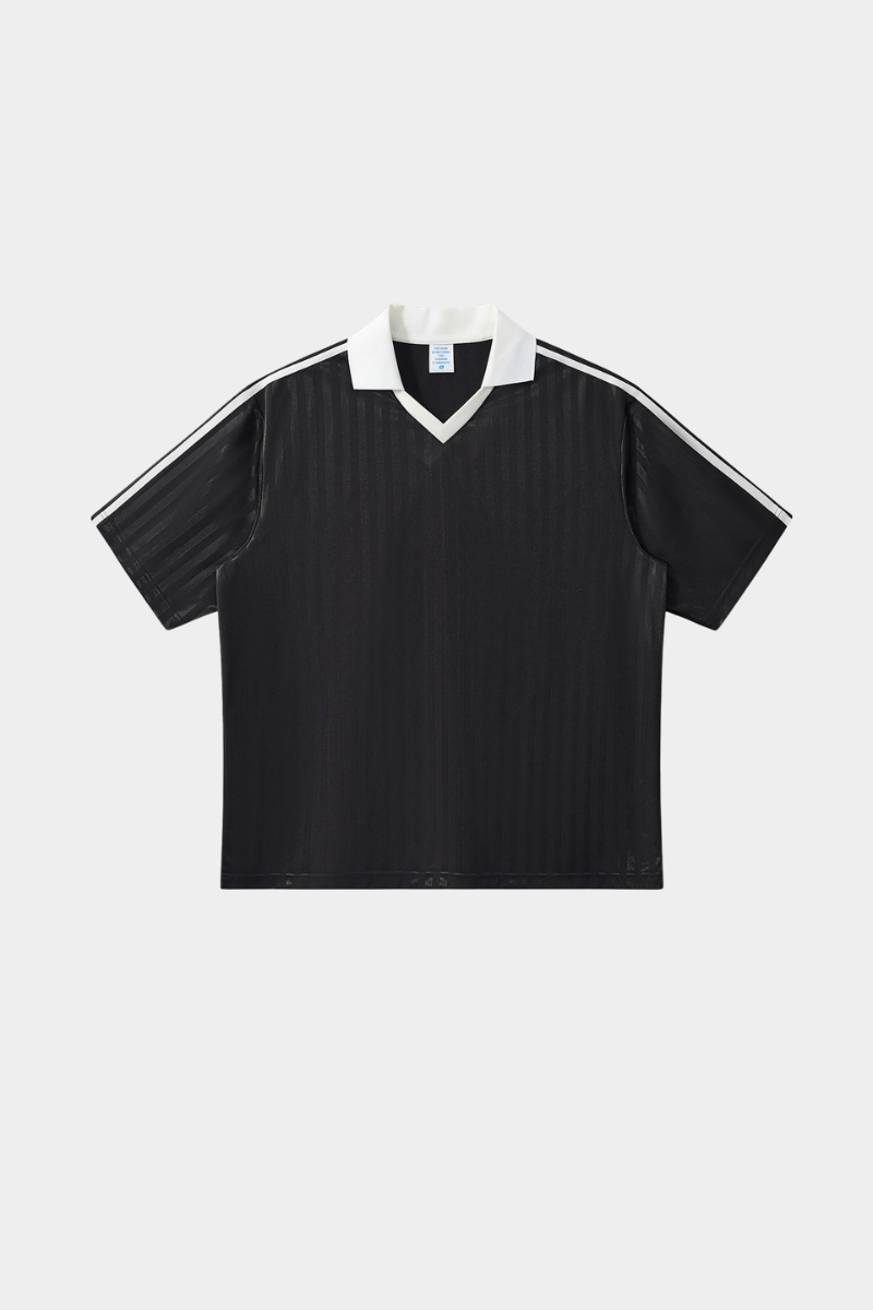 Color-blocked collegiate style V-neck short-sleeved top