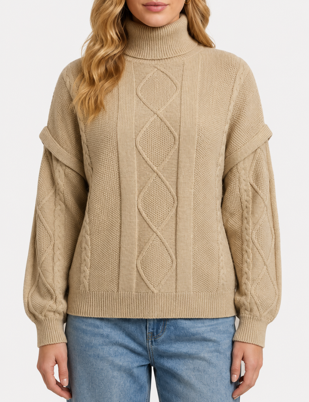 Ladies Turtleneck Cable Knit Drop Shoulder Sweater