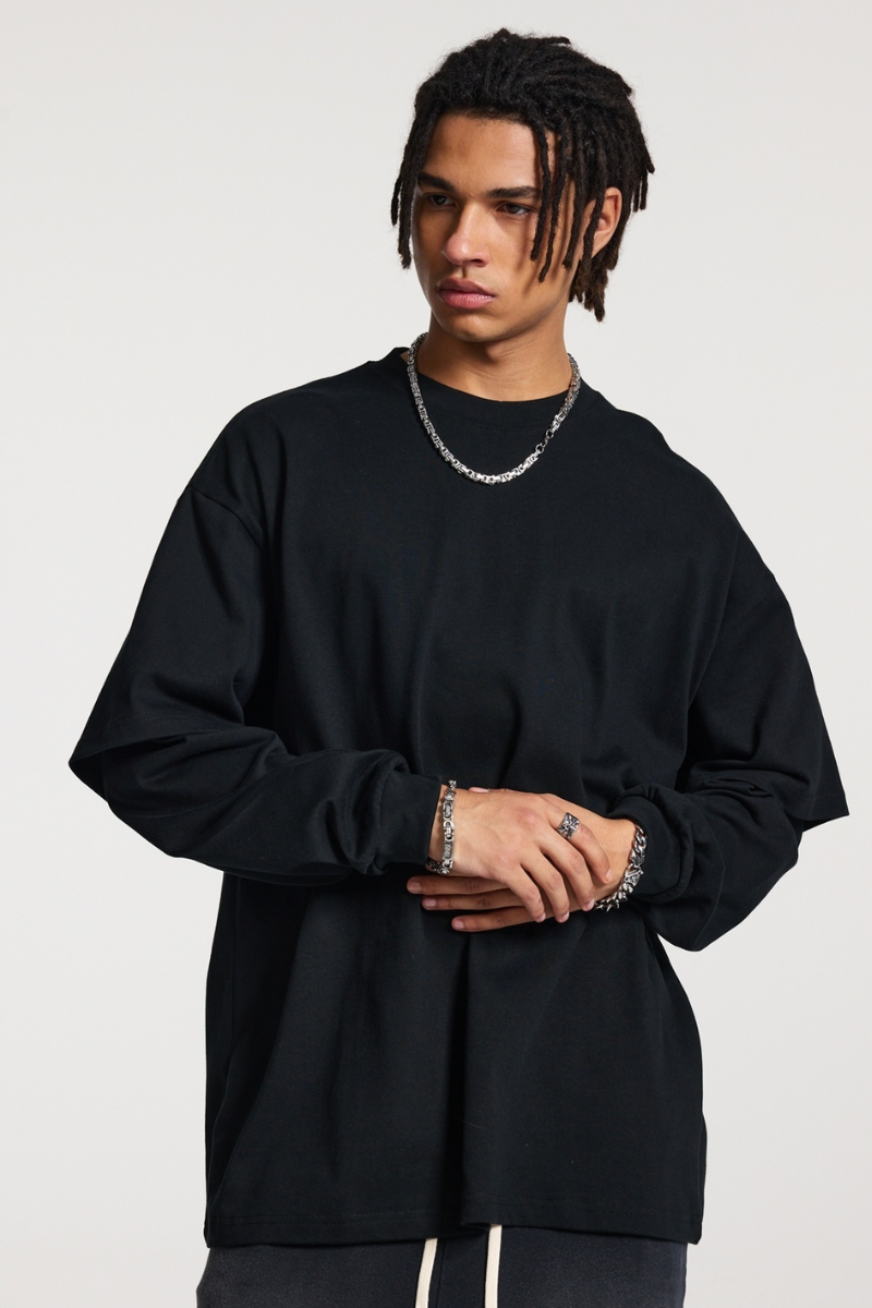 Men's Spring Summer 305g Heavy Cotton Mock Layer Long Sleeve