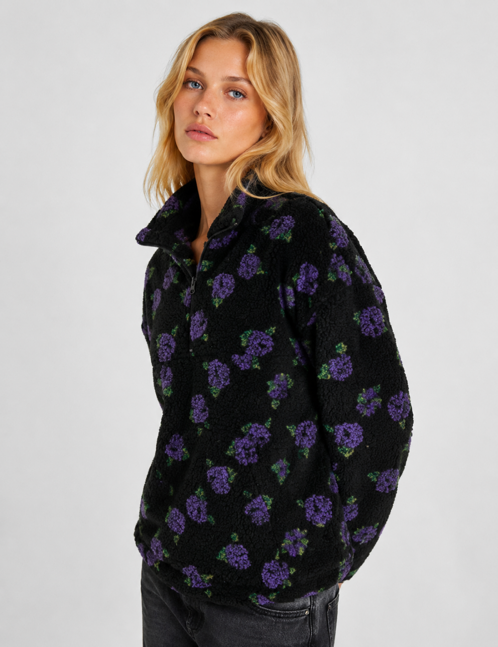 Ladies Casual Floral Pattern Zipper Front Fleece Pullover Sweatshirt