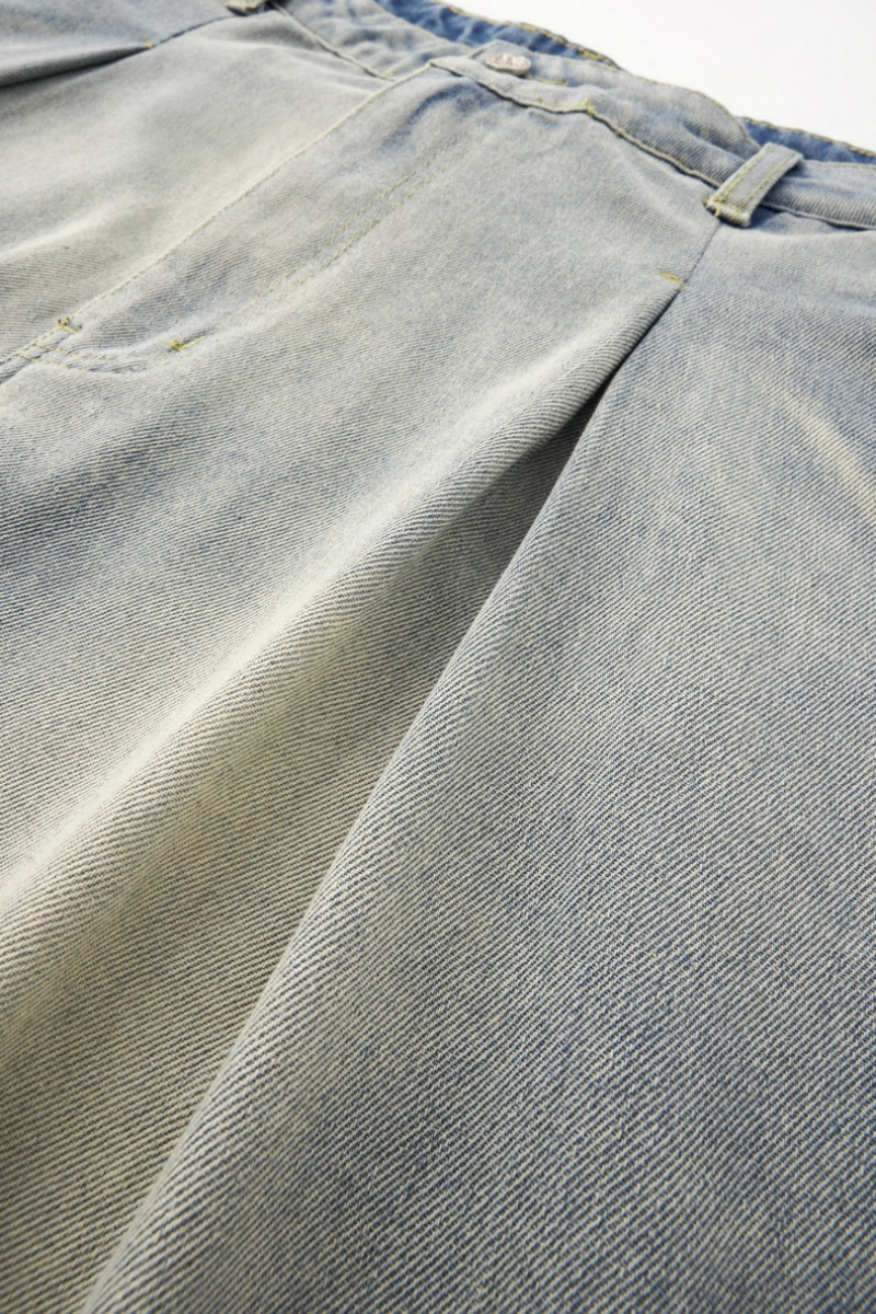 Men's Streetwear Washed Vintage Pleated  Wide Leg Jeans