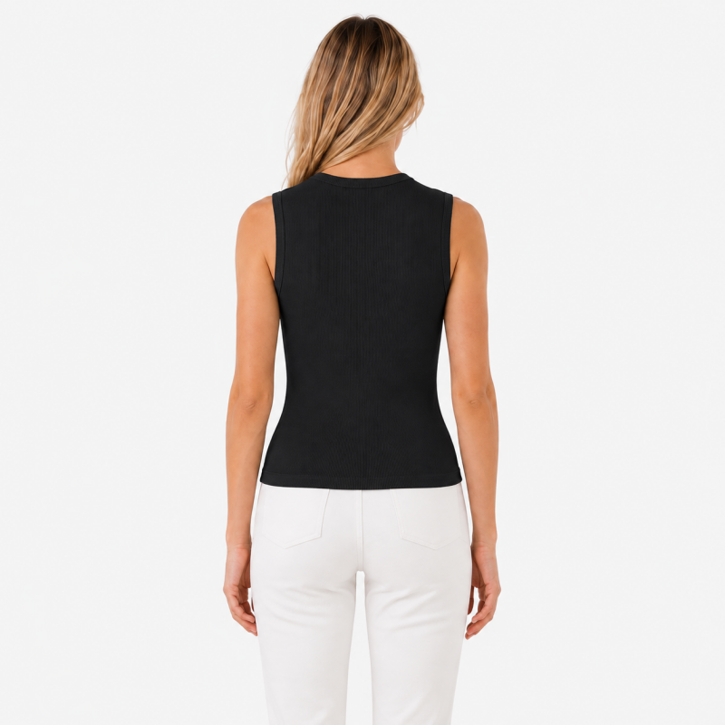 Ladies Crew Neck Button Sleeveless Top