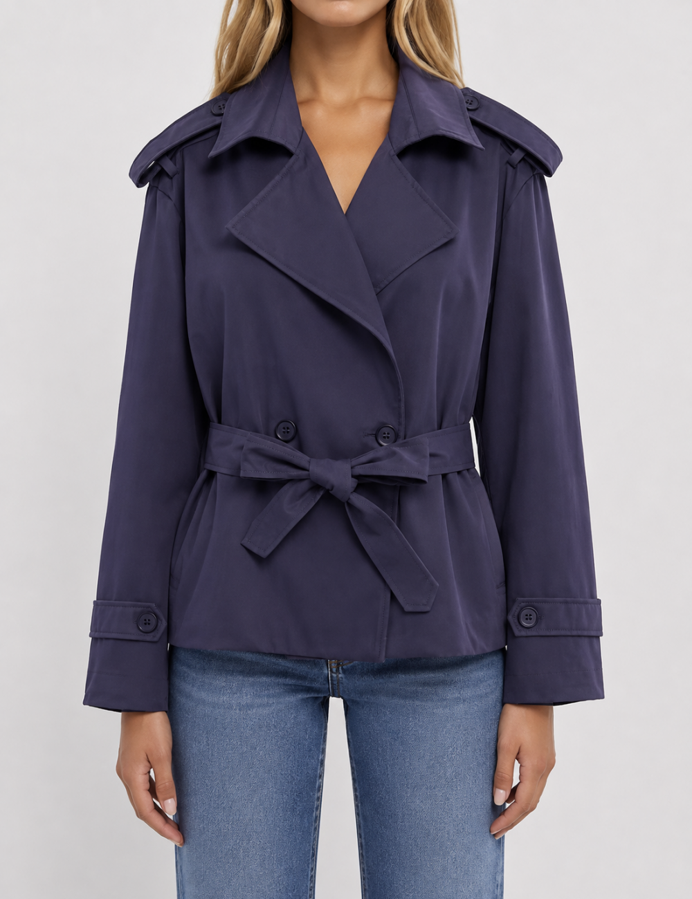 Ladies Lapel Collar Belted Short Trench Coat