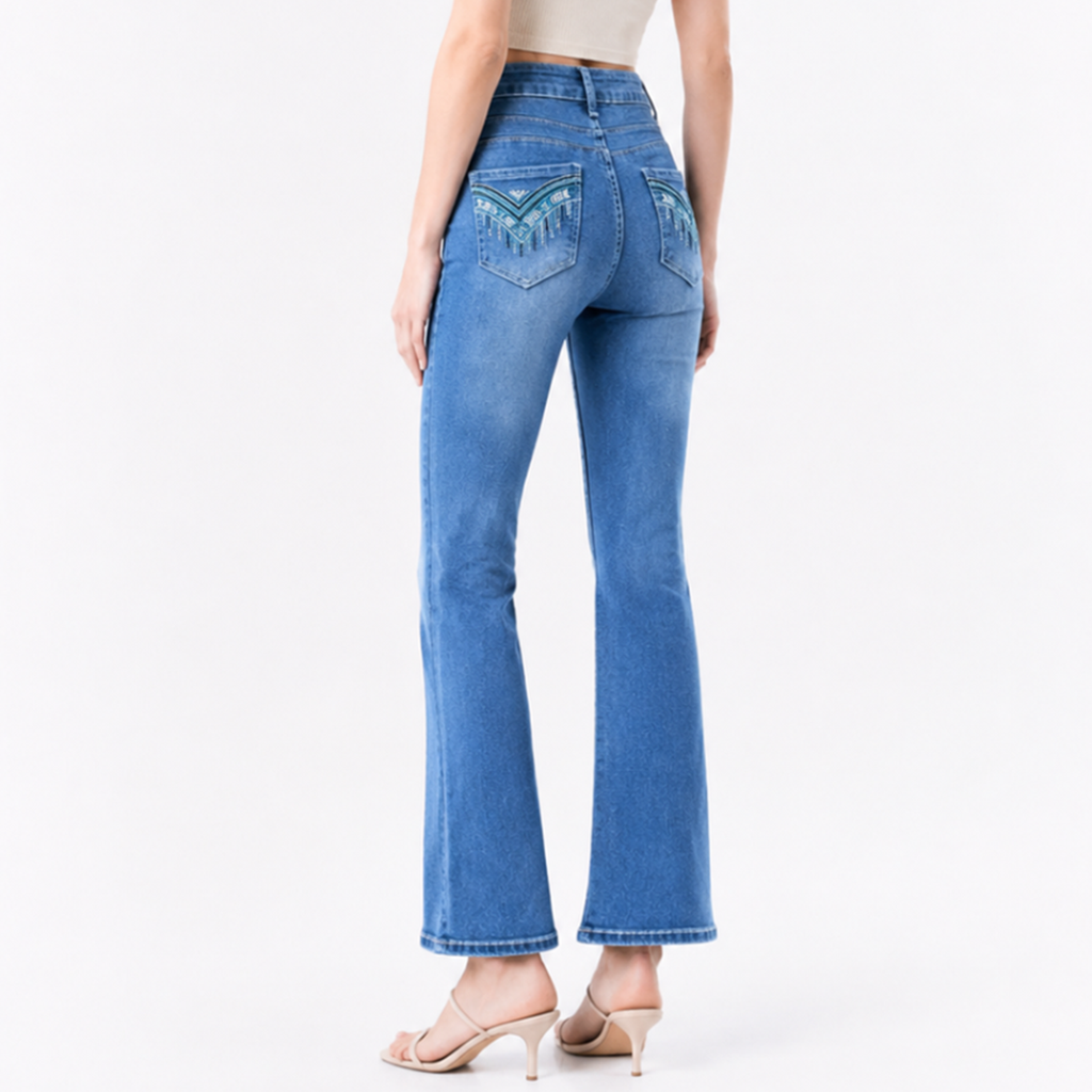Women's High Waist Stretch Embroidered Pockets Flare Jeans