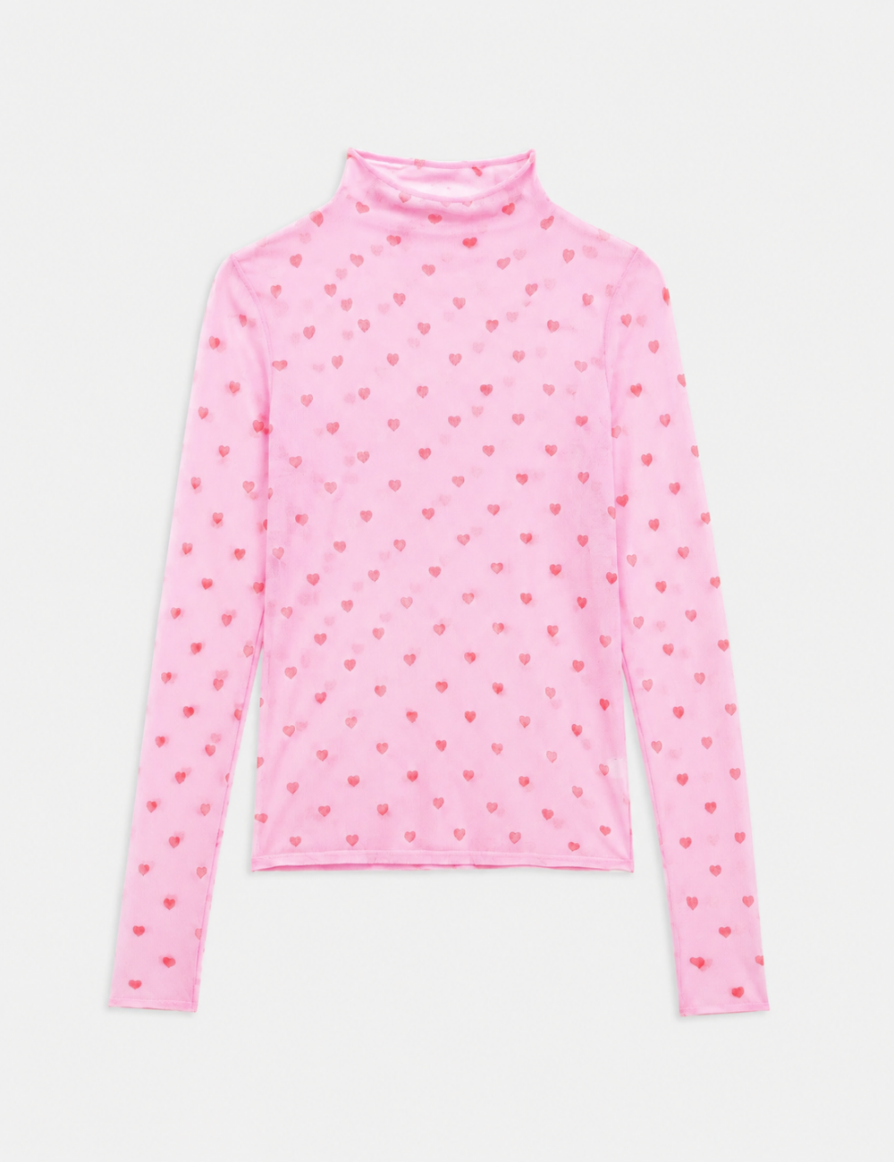Ladies Heart Print Sheer Mesh Mock Neck Long Sleeves Top