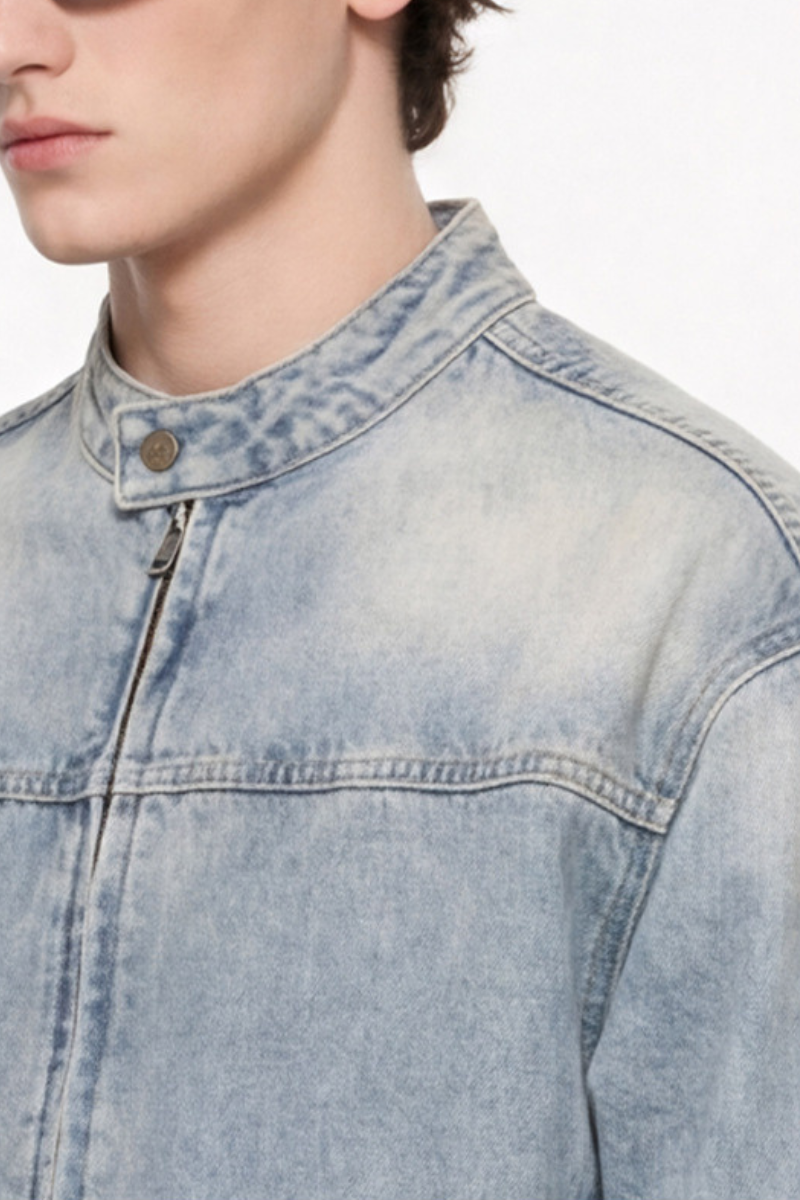 Men's 385g Washed Patchwork Denim StandCollar Zip Jacket