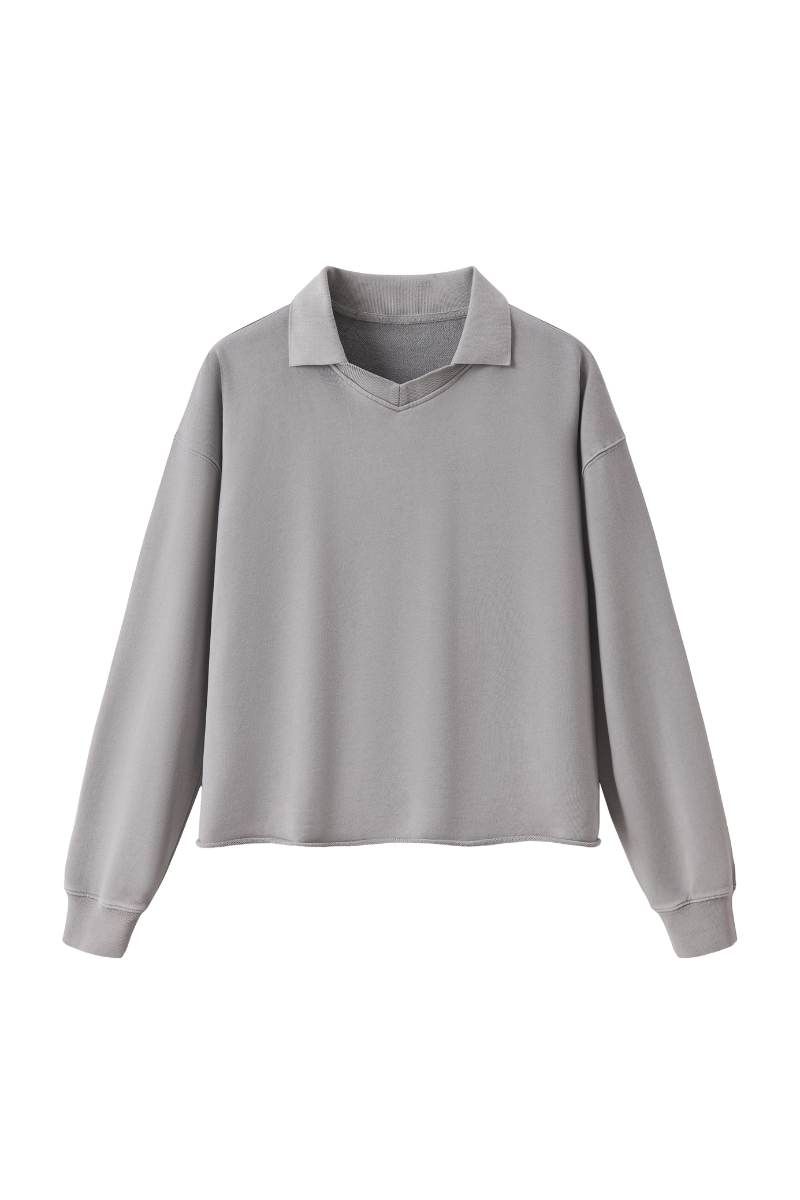 Unisex Fall Clothing Snow Wash Polo Collar Sweatshirt