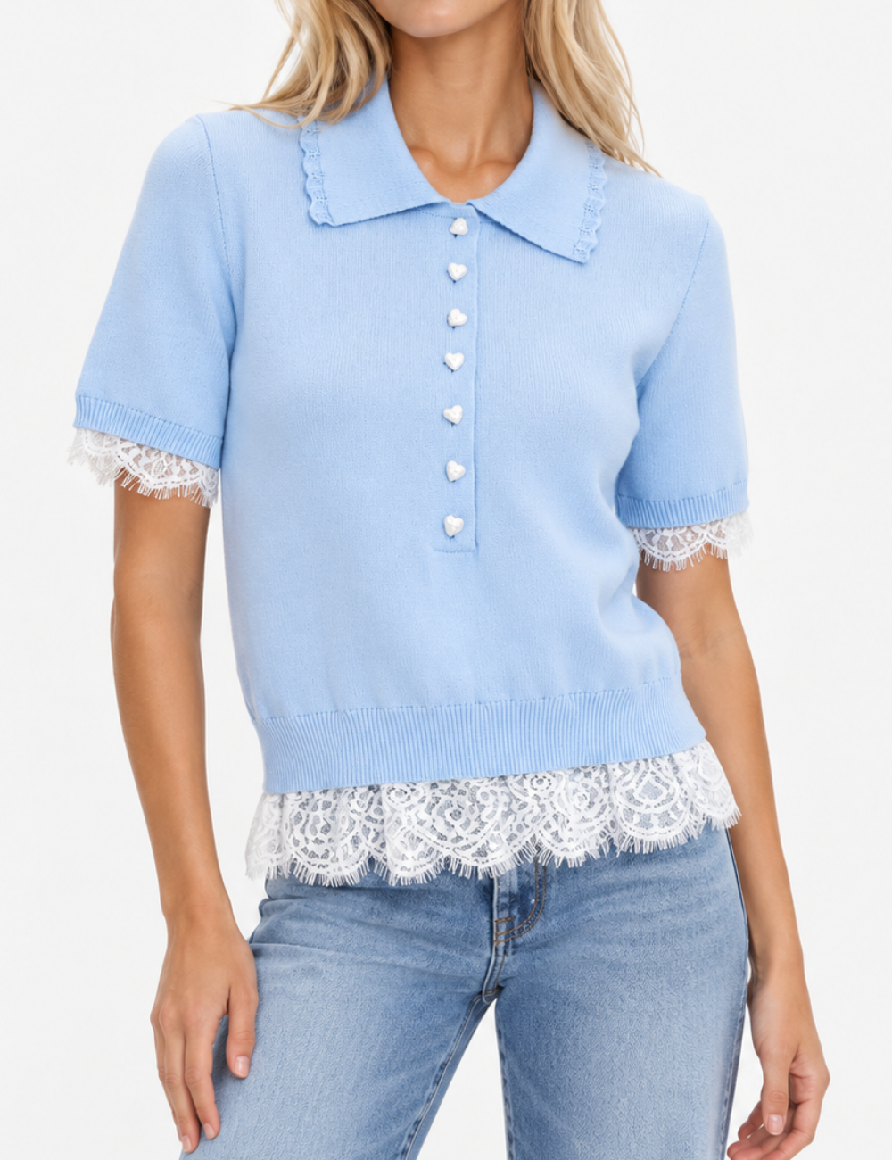 Ladies Polo Neck Lace Patchwork Short Sleeves Knit Top