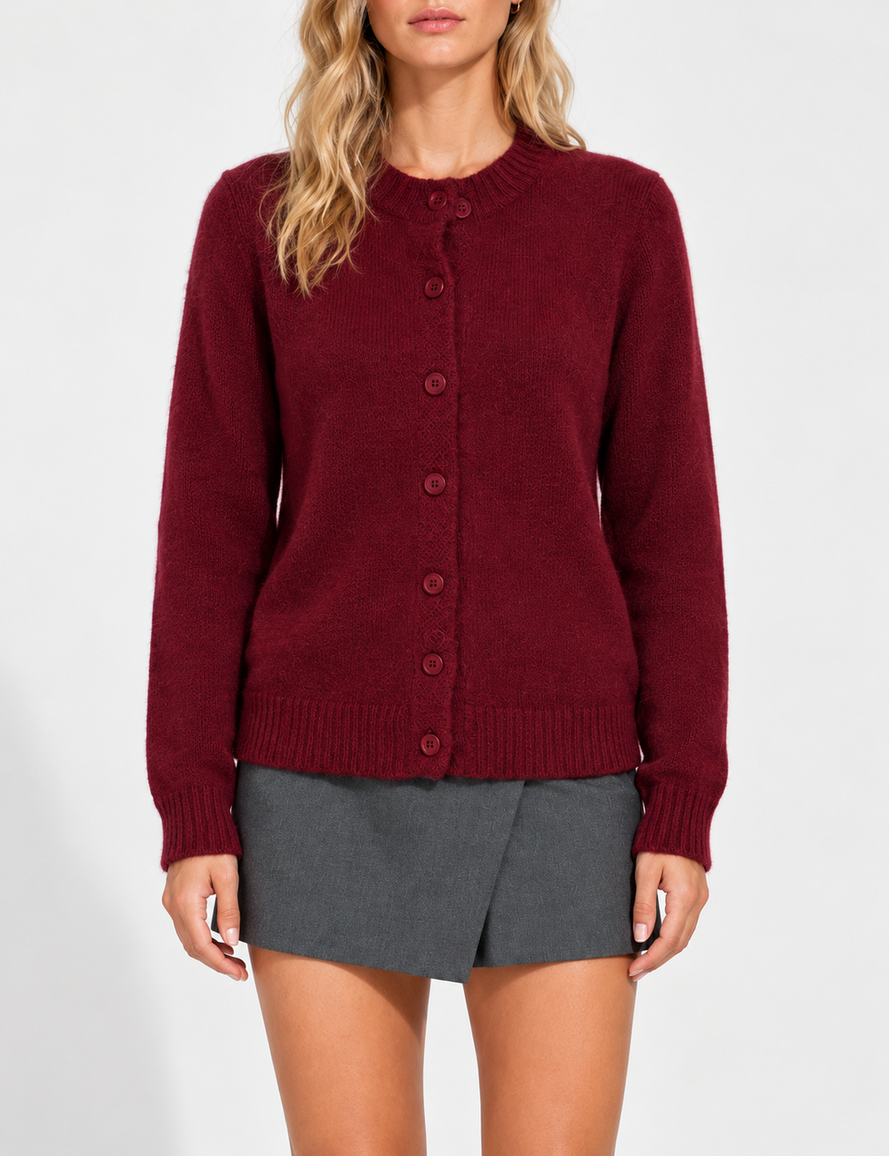 Ladies Solid Color Button Front Crew Neck Knit Cardigan