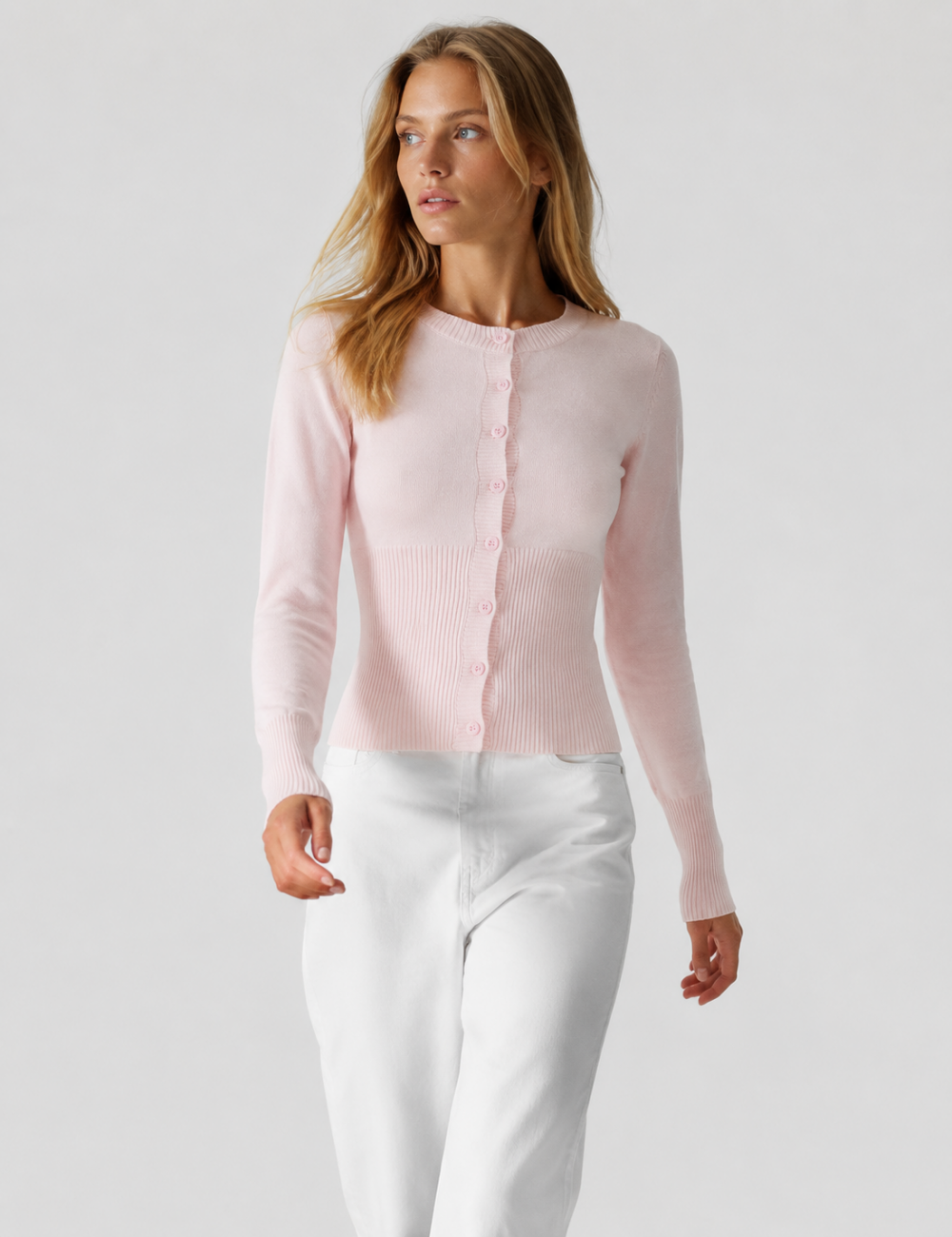 Ladies Button Front Ribbed Knit Cardigan