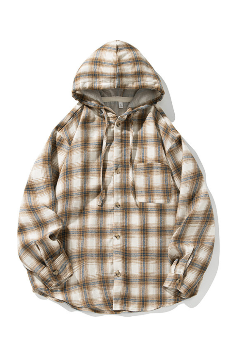 Unisex Spring Vintage Hooded Plaid Button-Down Overshirt