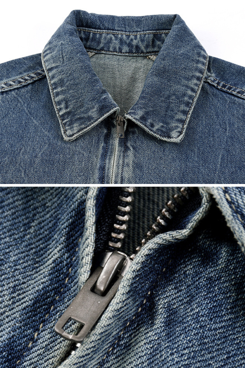 Men's Fall Clothing 543g Washed Denim Collar Zip Jacket