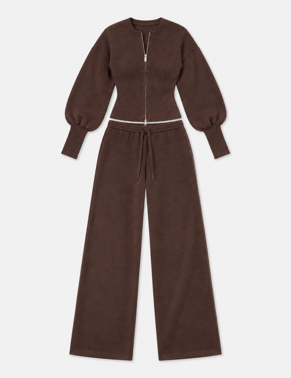 Ladies Zip-Up Solid Color Knit Top & Pants 2PCS Set