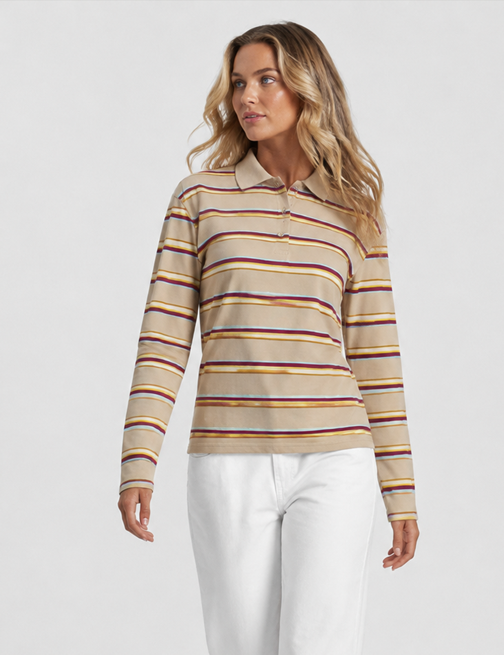 Ladies Casual Striped Polo Collar Long Sleeves Top