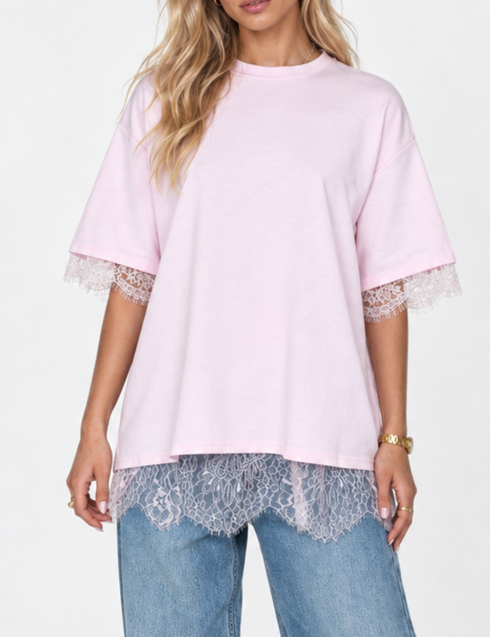 Ladies Lace Trim Split Back Solid Color Pullover T-Shirt