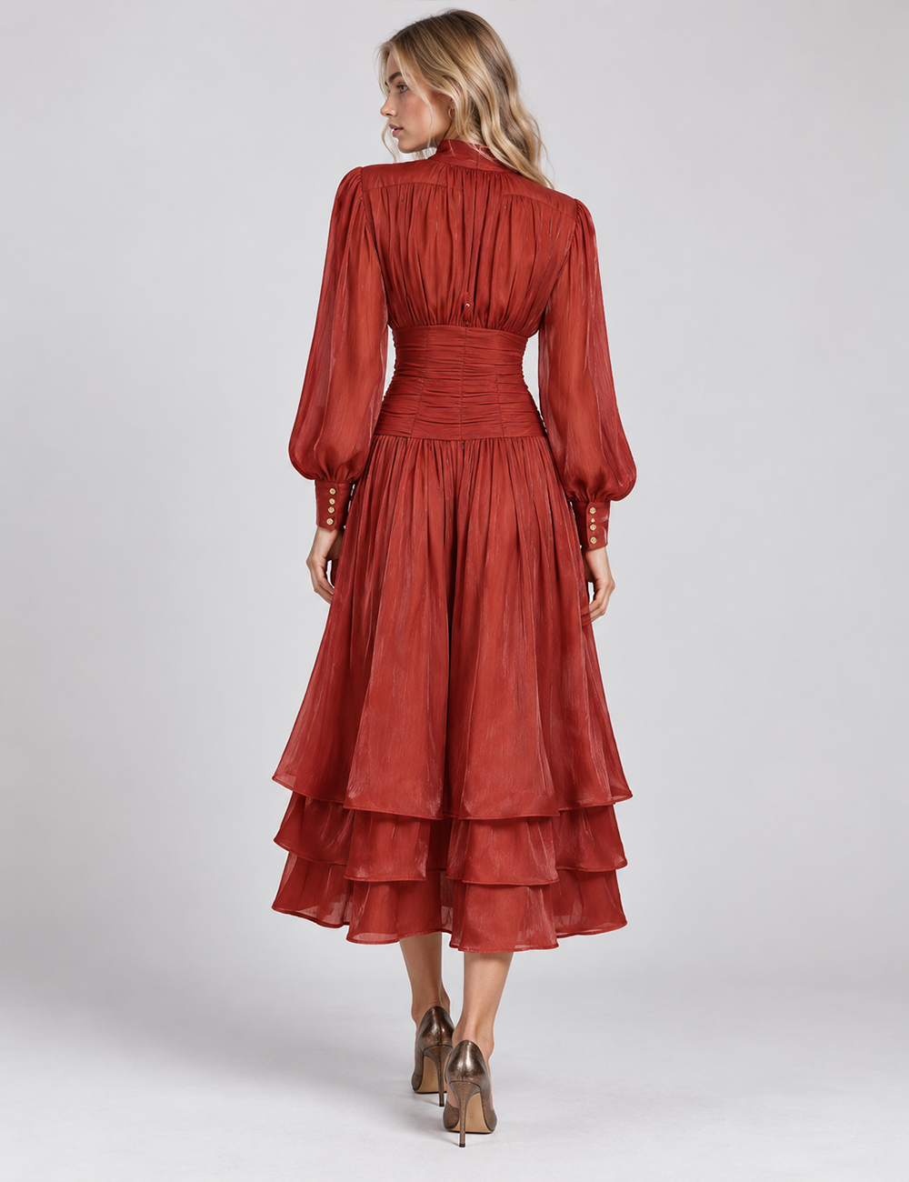 Ladies Puff Sleeves Ruched Button Tiered Midi Dress
