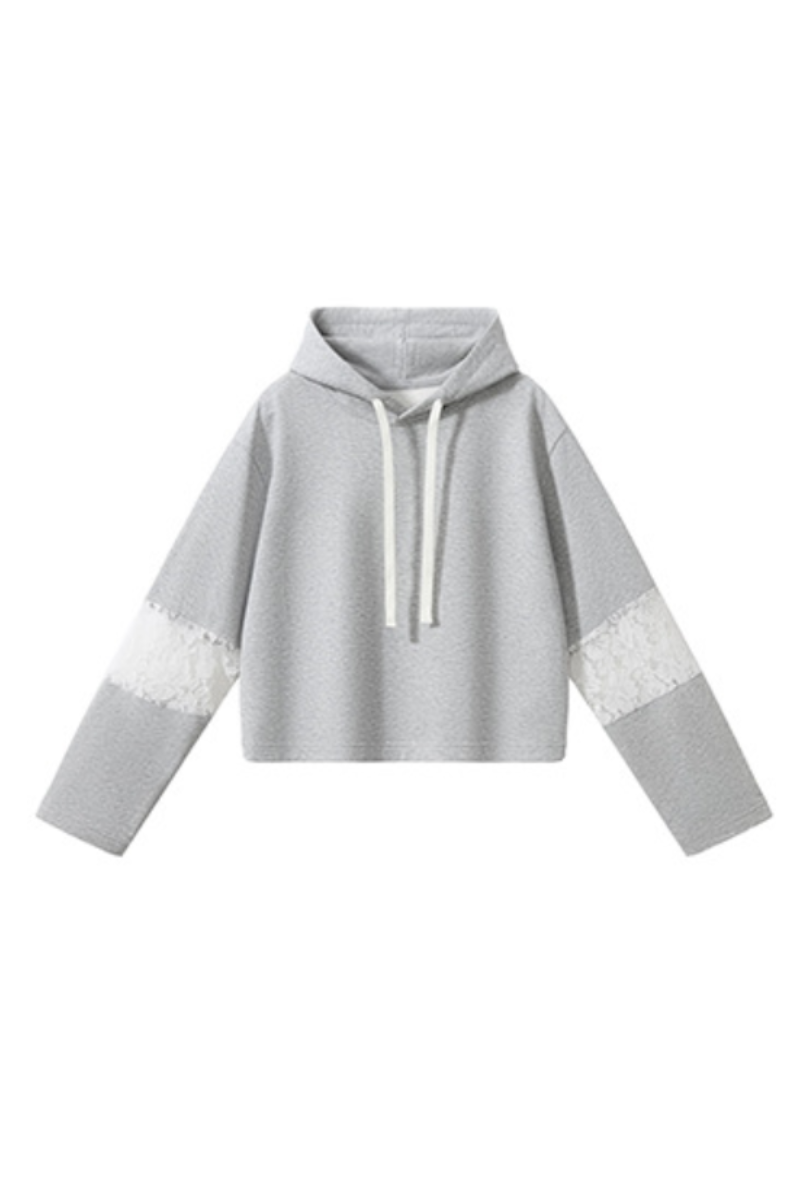 Women Fall Clothing Lace Sleeve Cropped Drawstring Hoodie