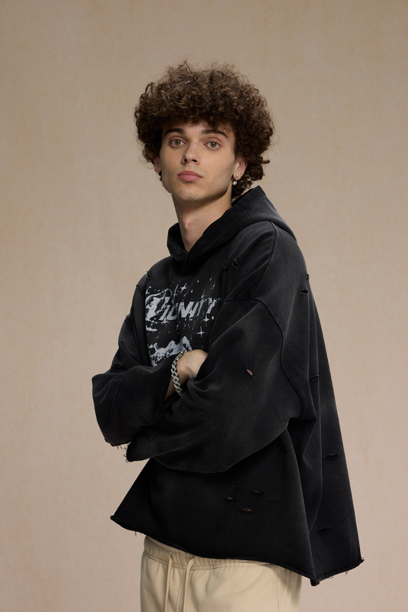 Men's Fall Clothing Distressed Frayed-Edged Vintage Hoodie