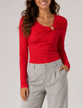 Ladies Elegant Solid Ruched Twist Front Long Sleeve Top