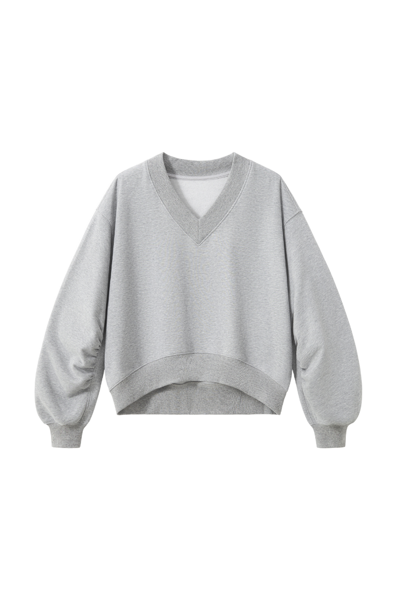 Women Fall Clothing V Neck Boxy Cropped Lantern Sweatshirt