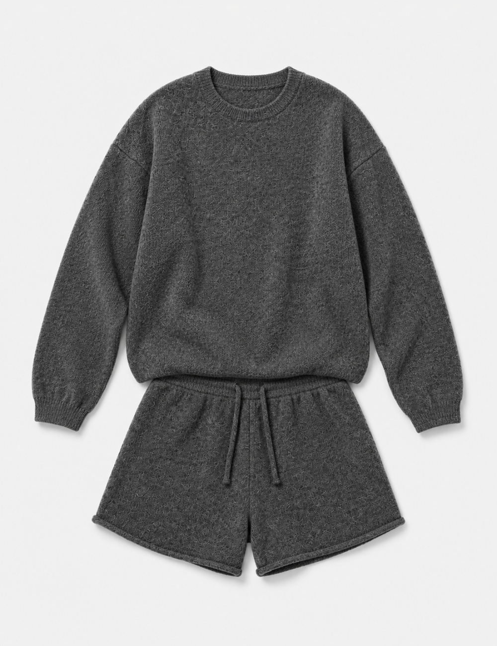 Ladies Solid Color Knit Crew Neck Sweater & Shorts 2PCS Set