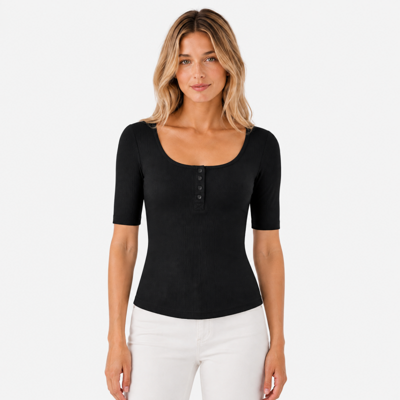 Ladies Scoop Neck Button Short Sleeve Top