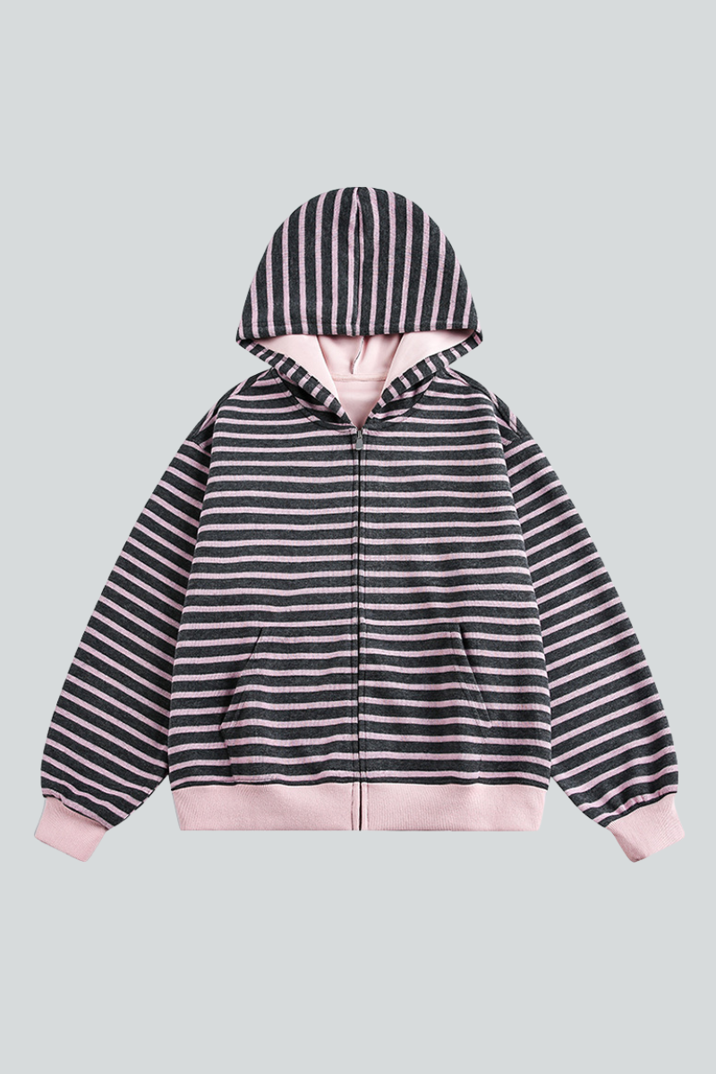 Unisex Spring American Stripe Colorblock Zip Hoodie