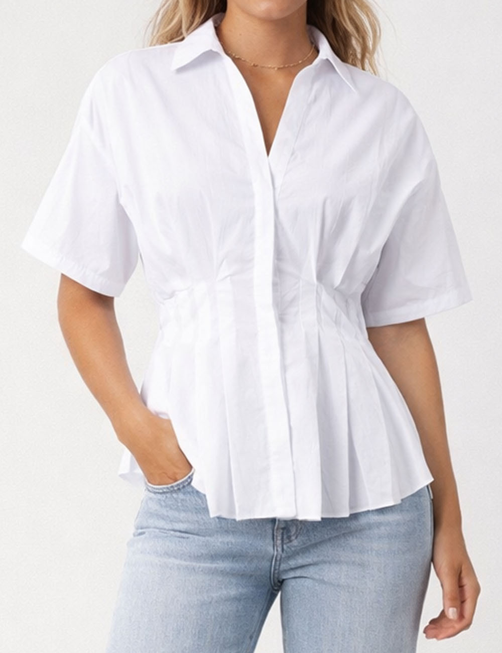 Ladies Chic Pleated Waist Shirt Collar Short Sleeves Blouse