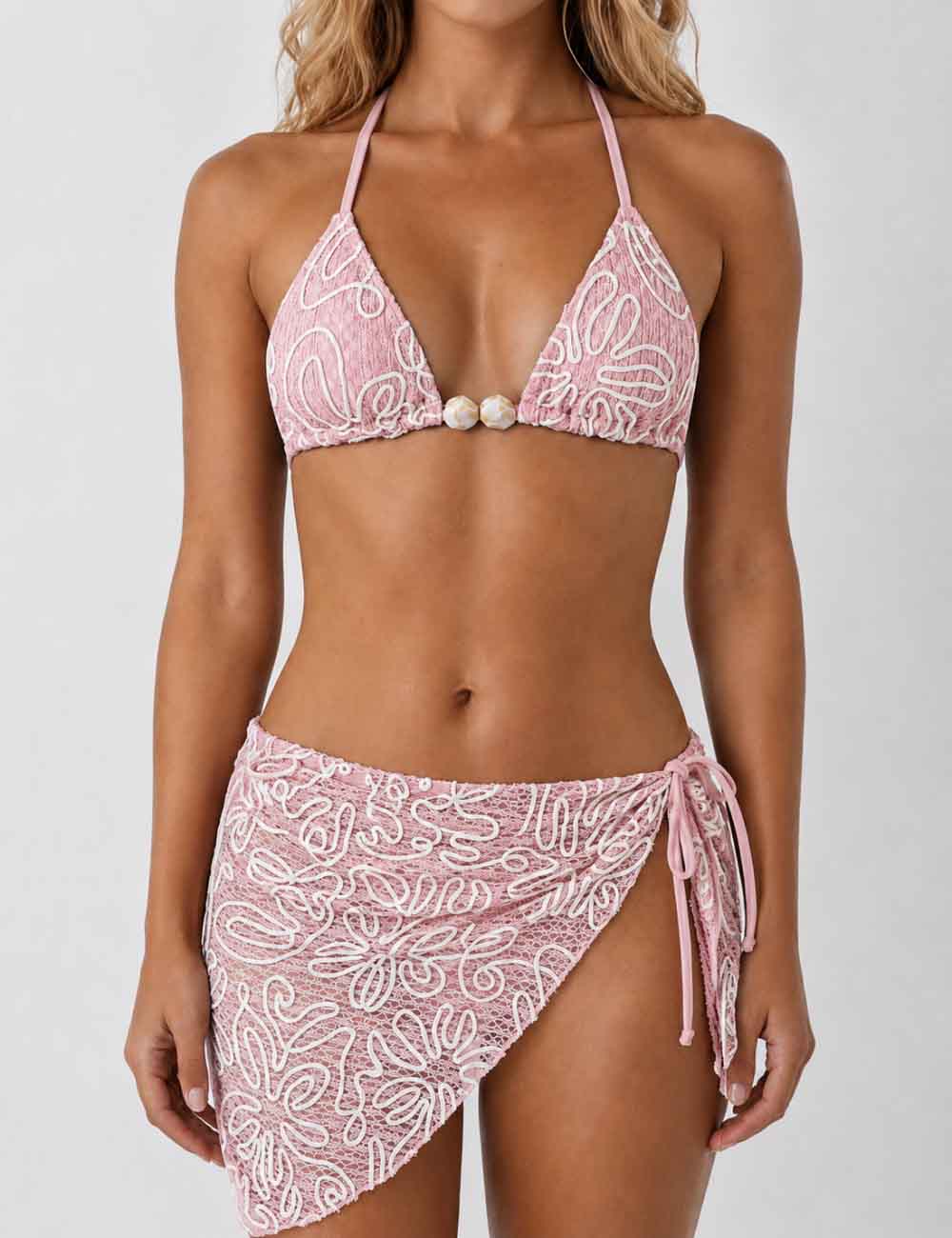 Ladies Crochet Triangle Bikini Set with Wrap Cover Up Skirt