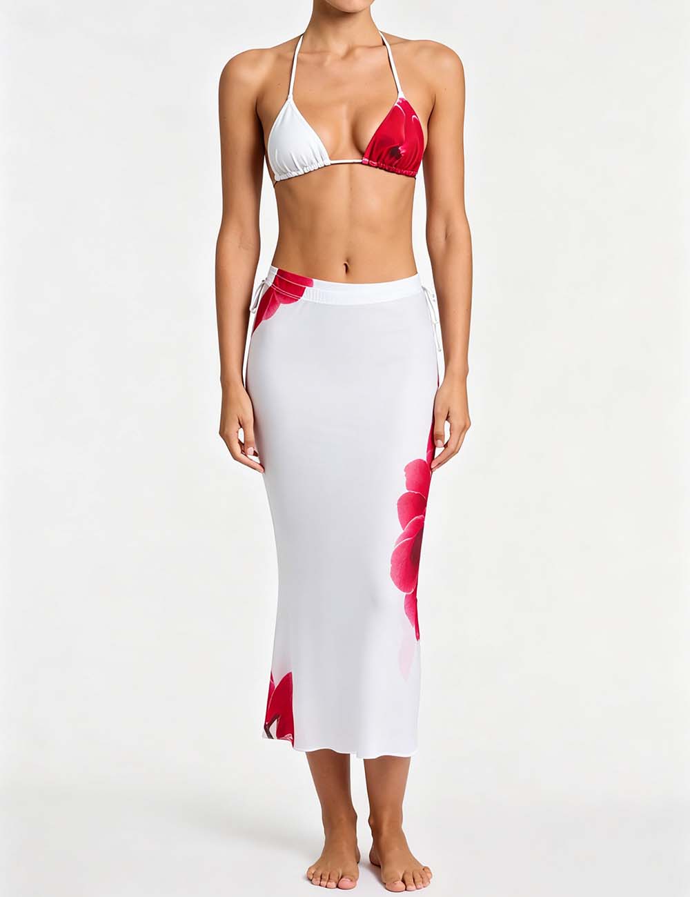 Ladies Floral Print 3 Piece Swimsuit Halter Triangle Bikini Set with Skirt