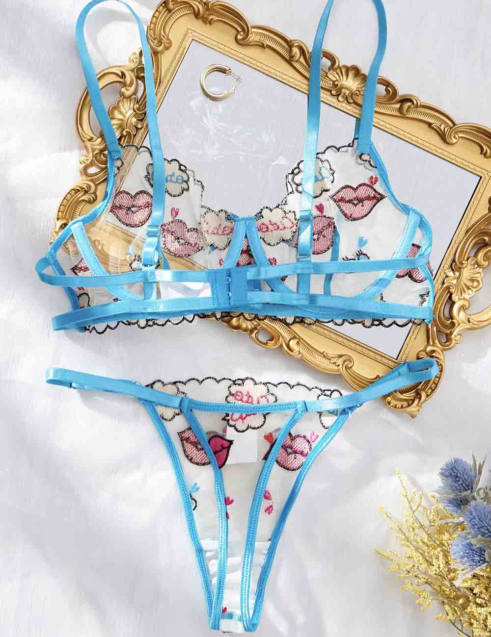 Ladies Red Lip Embroidery See Through 2PCS Lingerie Set 8HF4146