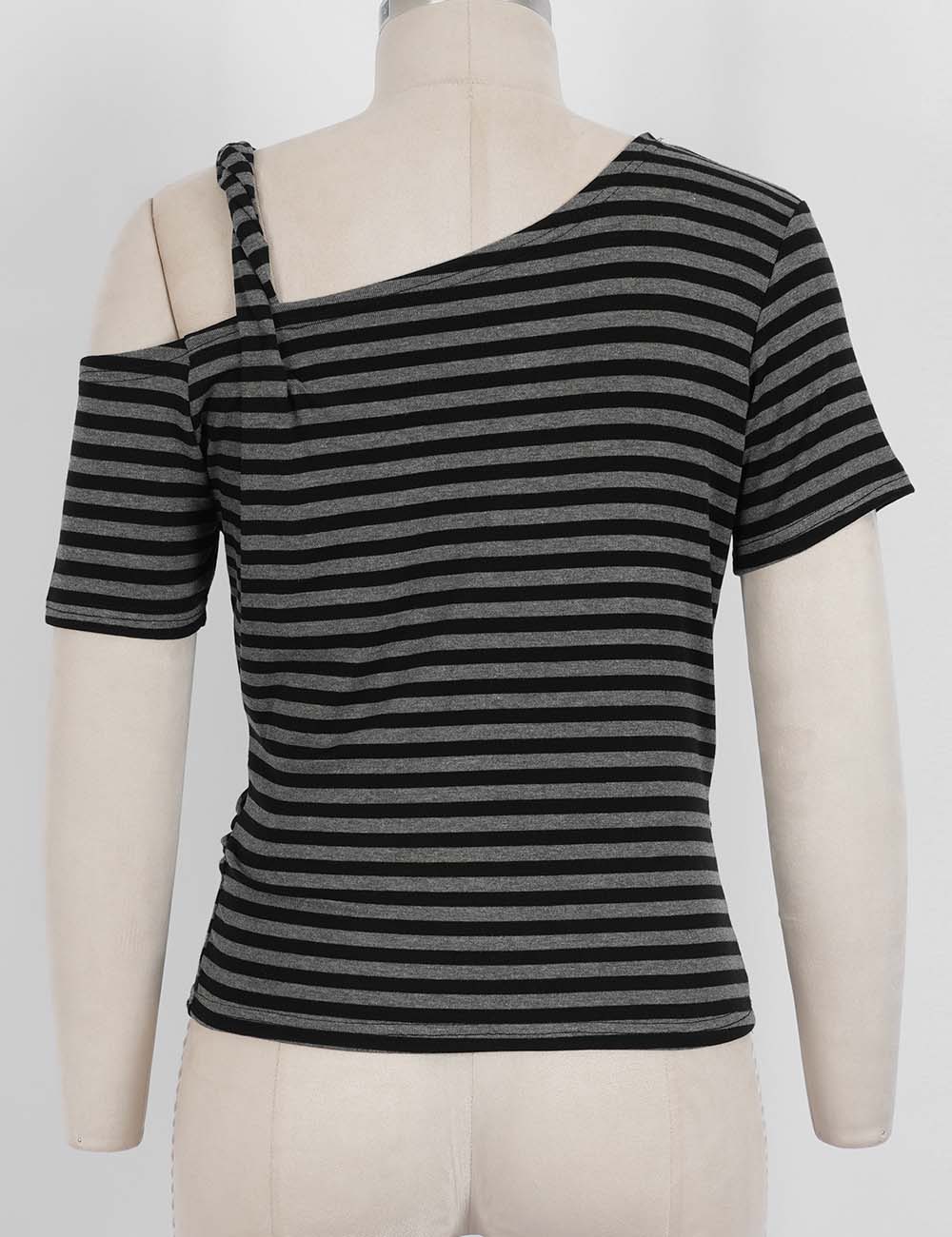 Ladies Striped One Shoulder Twist Strap T-Shirt