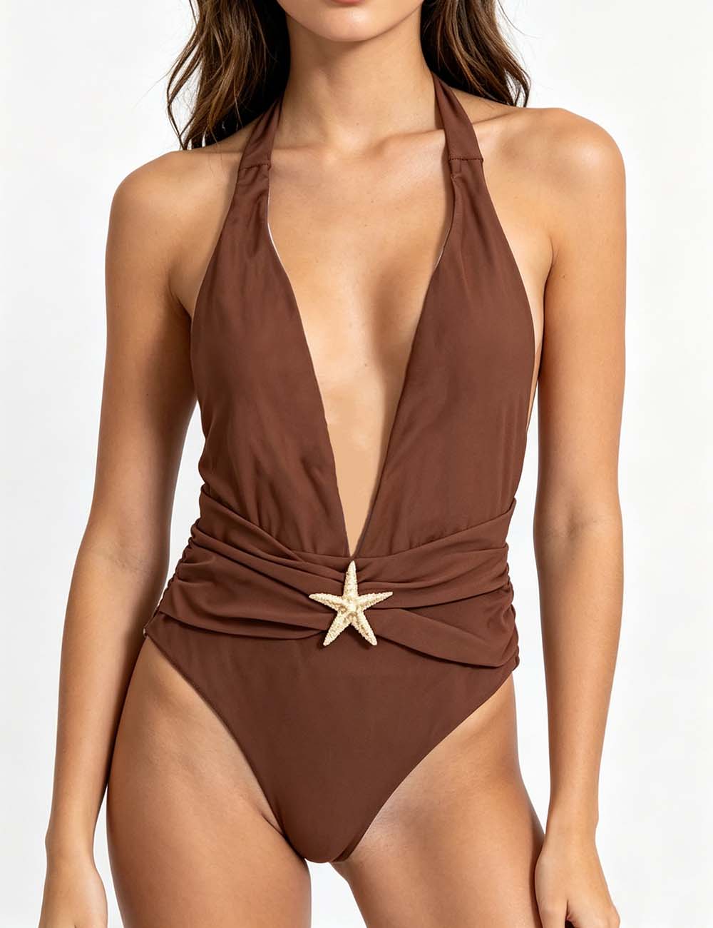 Ladies Gold Starfish Detail Deep V-Neck One-Piece with Salong