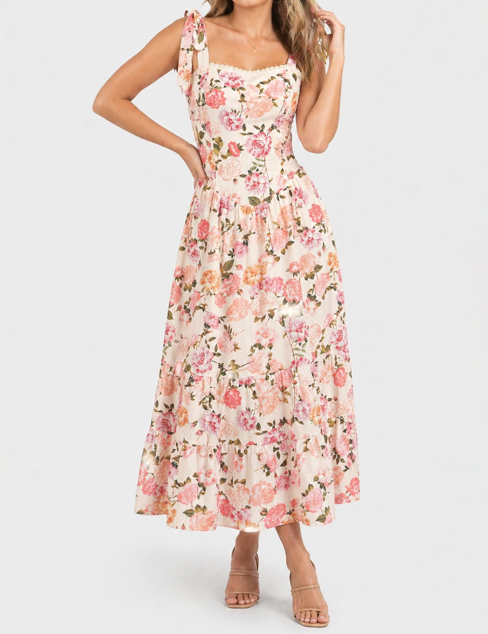 Ladies Floral Print Strap Shoulder Midi Dress