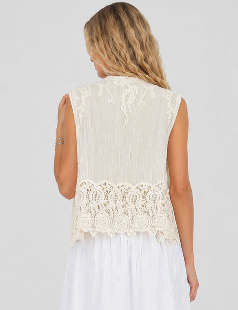 Ladies Crochet Lace Rhinestone Beaded Sleeveless Top