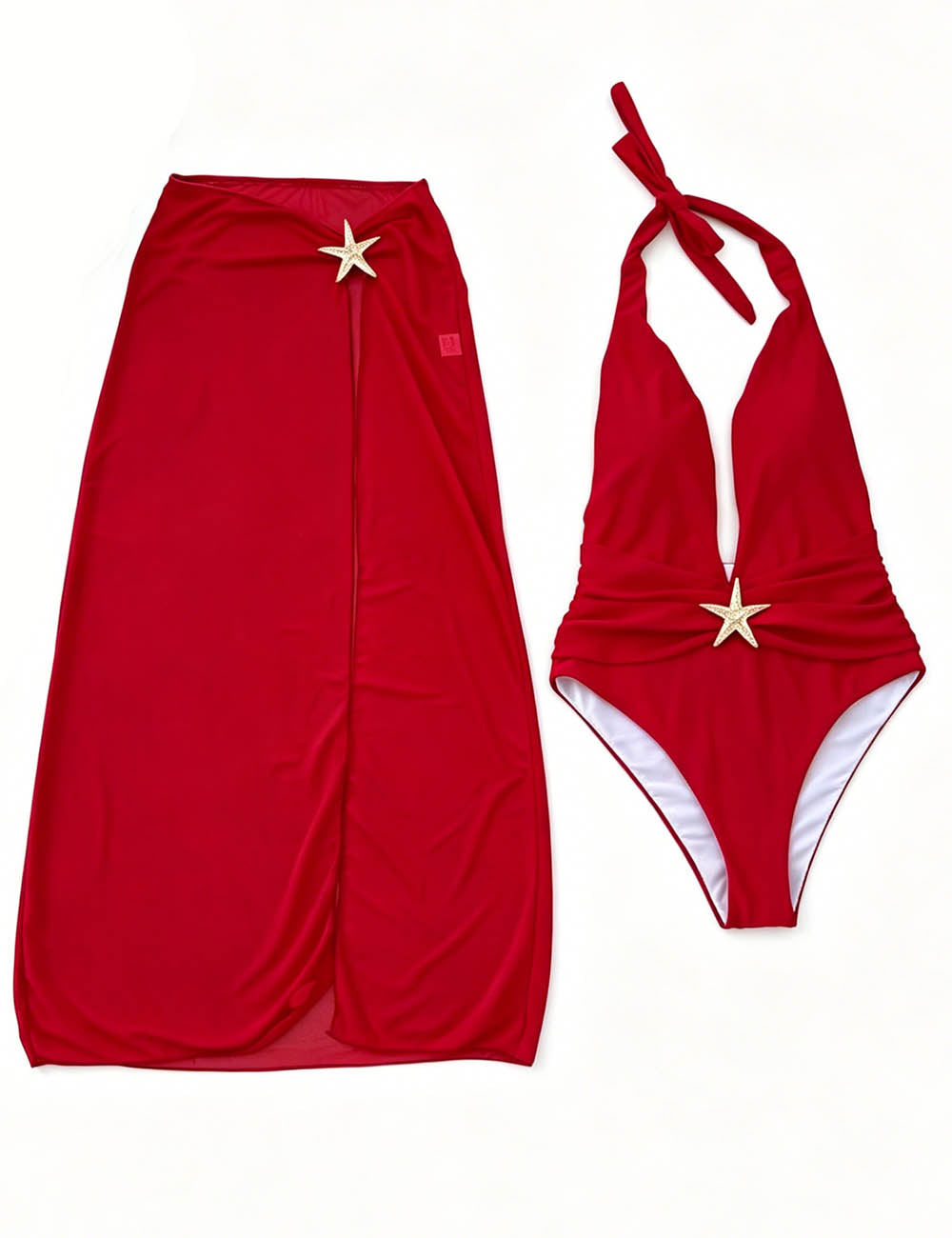 Ladies Gold Starfish Detail Deep V-Neck One-Piece with Salong