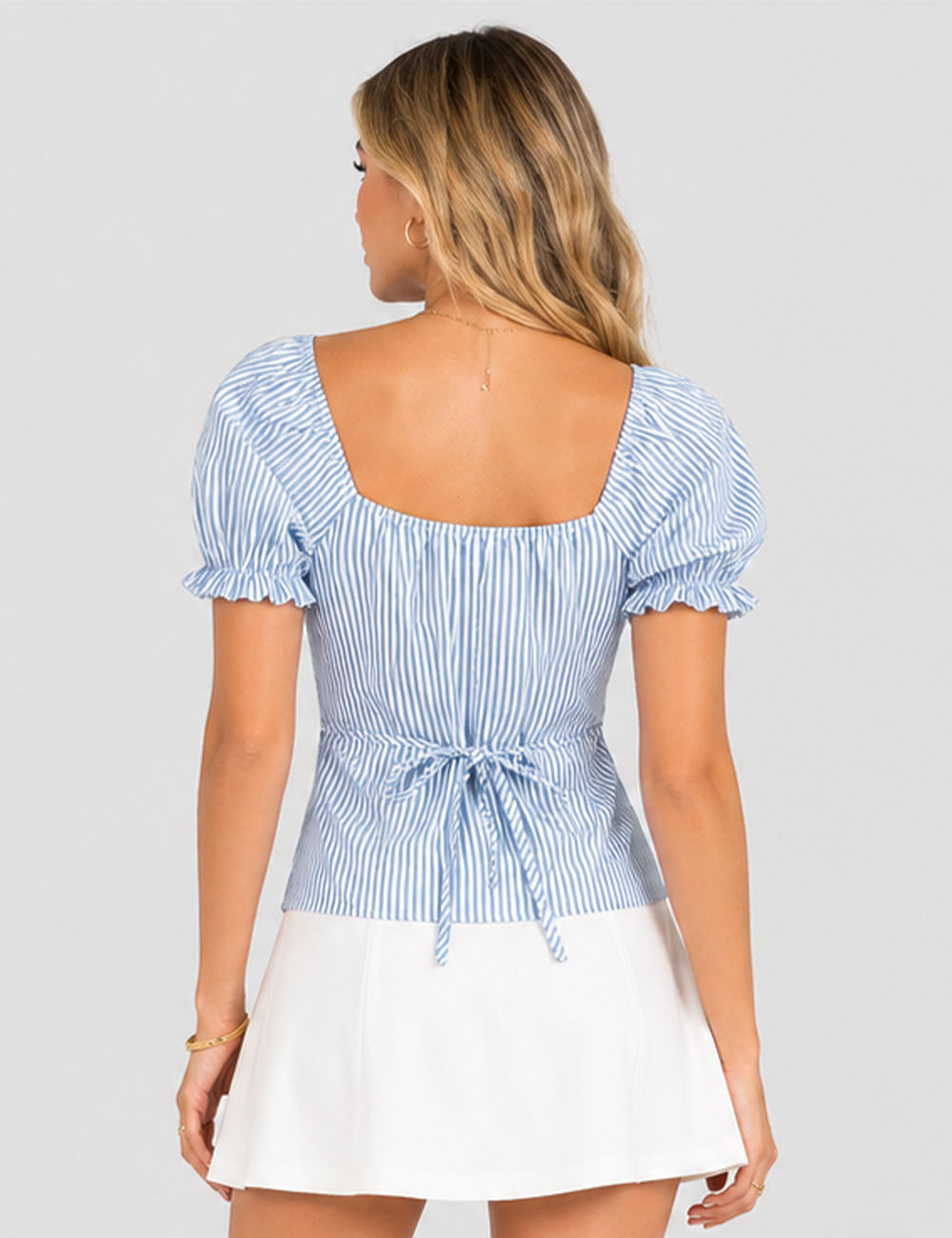 Ladies Striped Puff Sleeves Button Front Crop Top