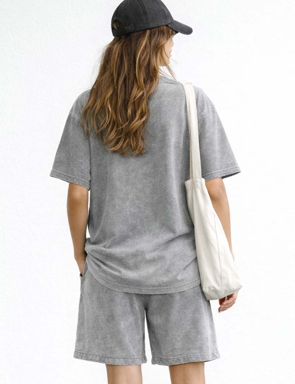 Ladies Washed Round Neck Short Sleeves T-shirt & Shorts Matching Set