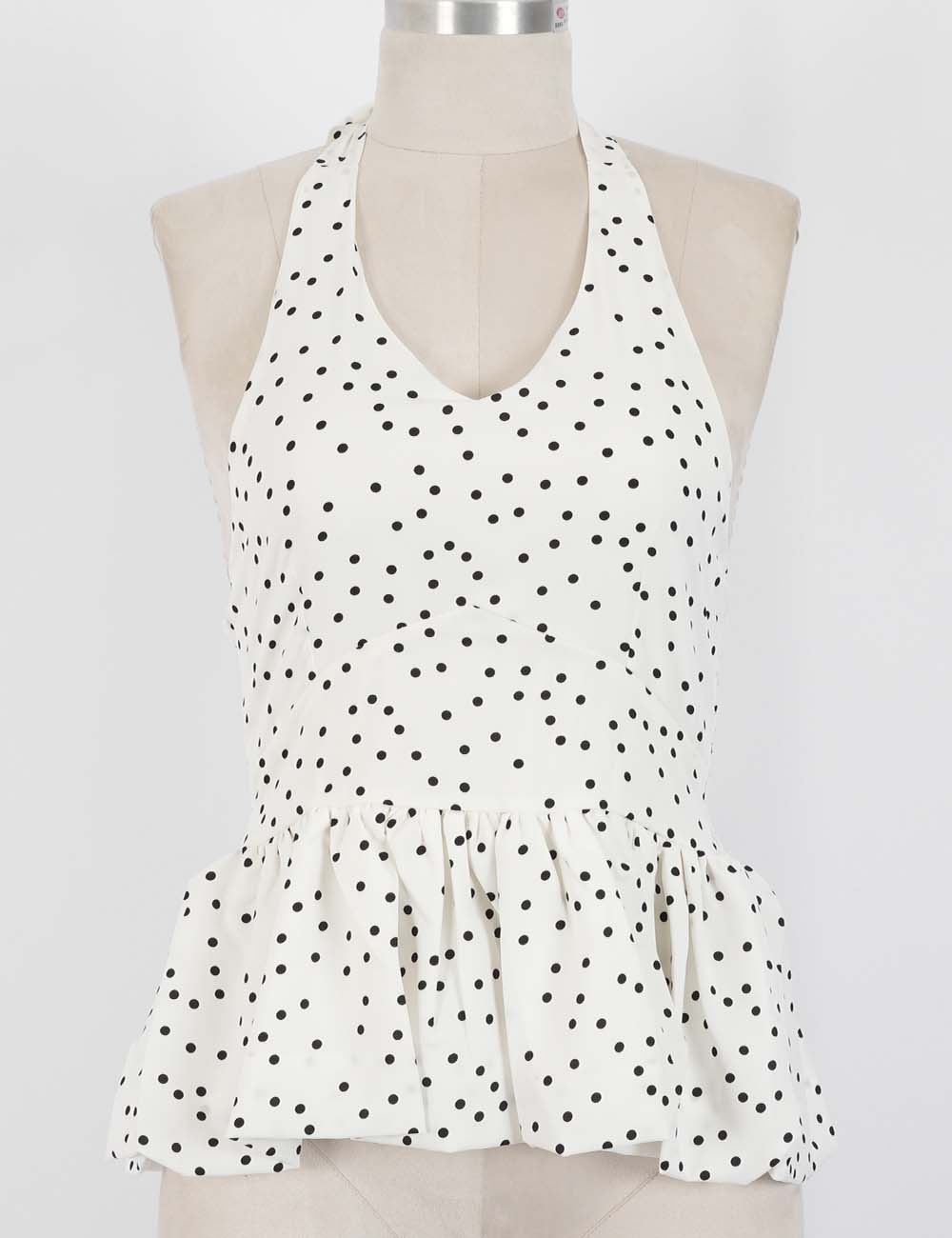 Ladies Polka Dot Halter Ruffle Hem V-Neck Sleeveless Top