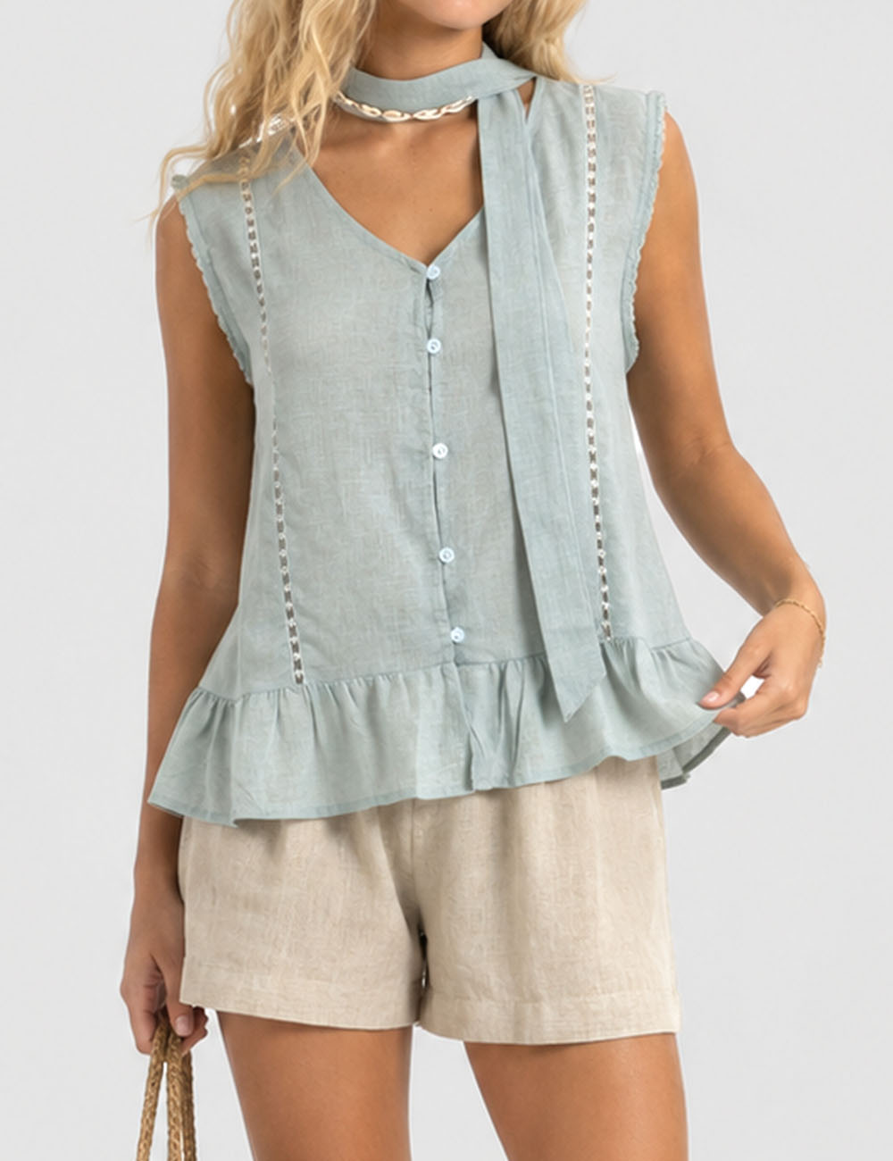 Ladies Scarf Neck Ruffle Hem Button Sleeveless Top