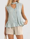 Ladies Scarf Neck Ruffle Hem Button Sleeveless Top